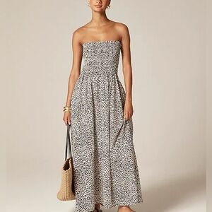 J Crew Smocked Maxi Dress NWT Cotton Voile Black Brown Leopard Print XL